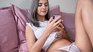 Beautiful brunette Eva Elfie measures her attractive vagina alone