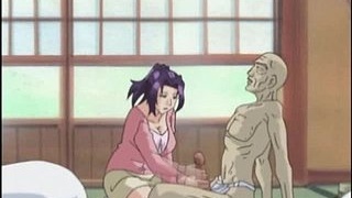Japanese animated babe fondles large penis with her breasts