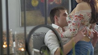 A teen couple's intimate moment with a shaved pussy and jeans